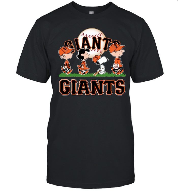 Snoopy Charlie Brown Linus and Lucy wearing San Francisco Giants baseball jersey Unisex T-Shirt