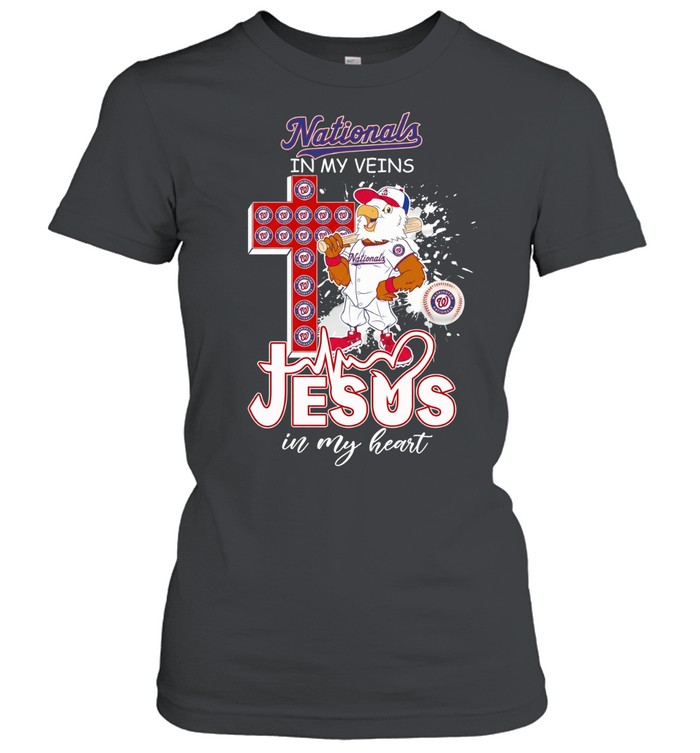 Washington Nationals mascot and cross Nationals in my veins Jesus in my heart Women T-Shirt