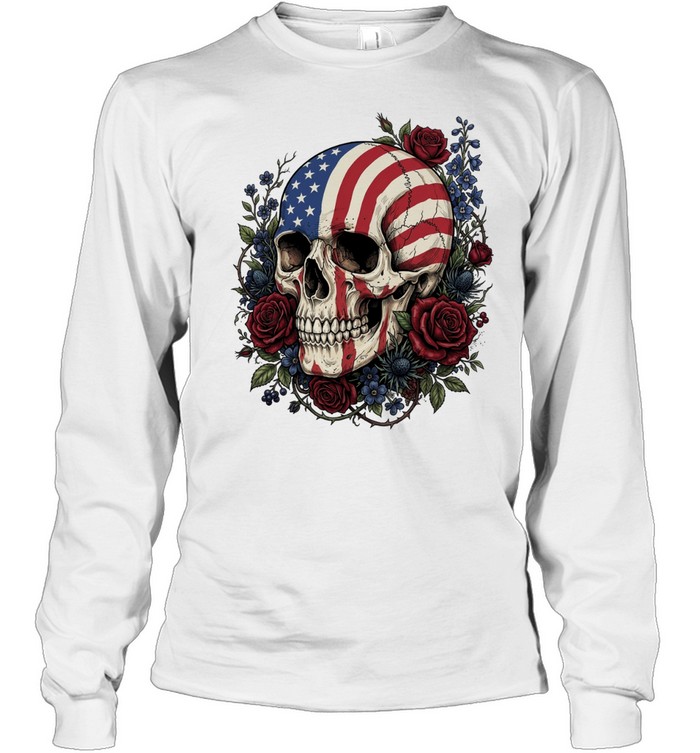 American Flag Skull Floral Patriot Long Sleeve Tee