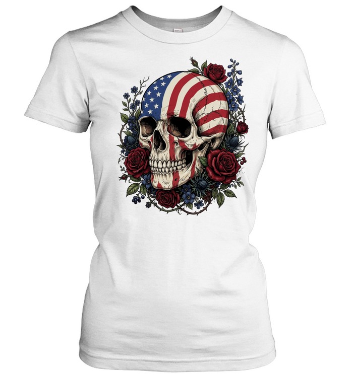 American Flag Skull Floral Patriot Women T-Shirt