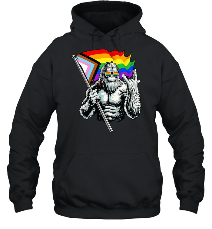 Bigfoot holding Progress Pride flag middle finger LGBTQ Hoodie