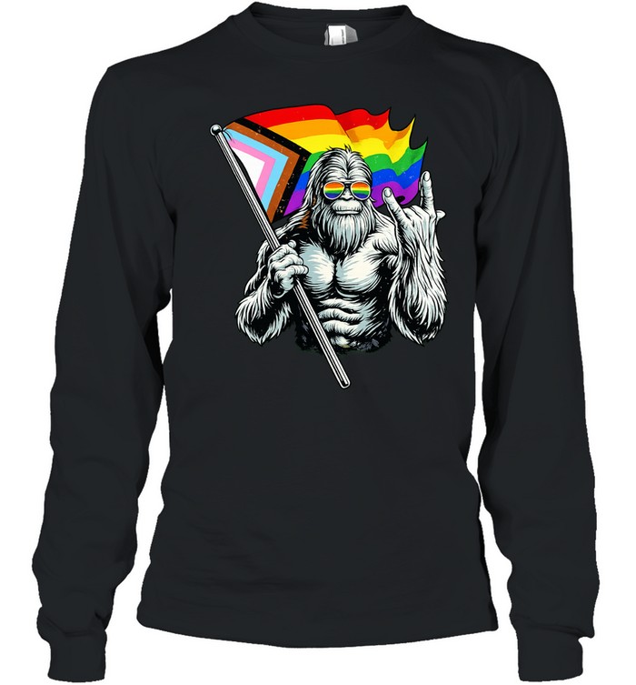 Bigfoot holding Progress Pride flag middle finger LGBTQ Long Sleeve Tee
