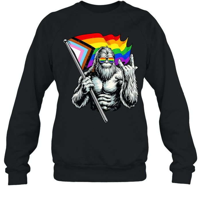 Bigfoot holding Progress Pride flag middle finger LGBTQ Sweatshirt