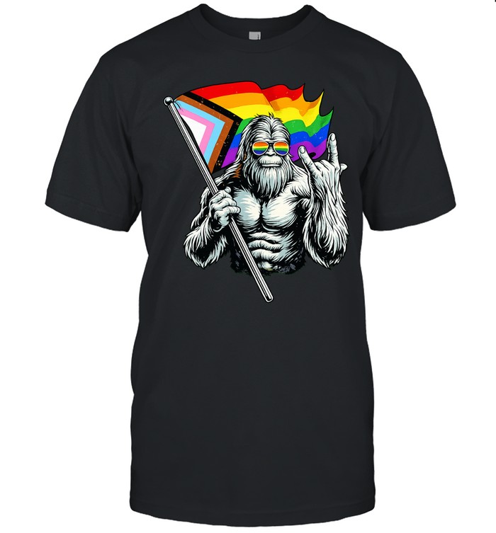 Bigfoot holding Progress Pride flag middle finger LGBTQ Unisex T-Shirt
