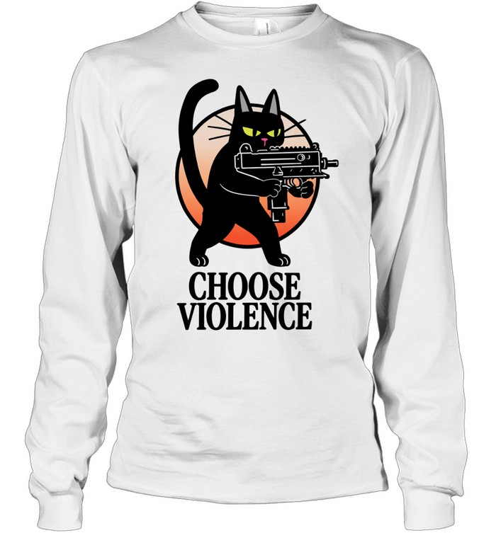 Black Cat And Gun Choose Violence Cartoon Long Sleeve Tee