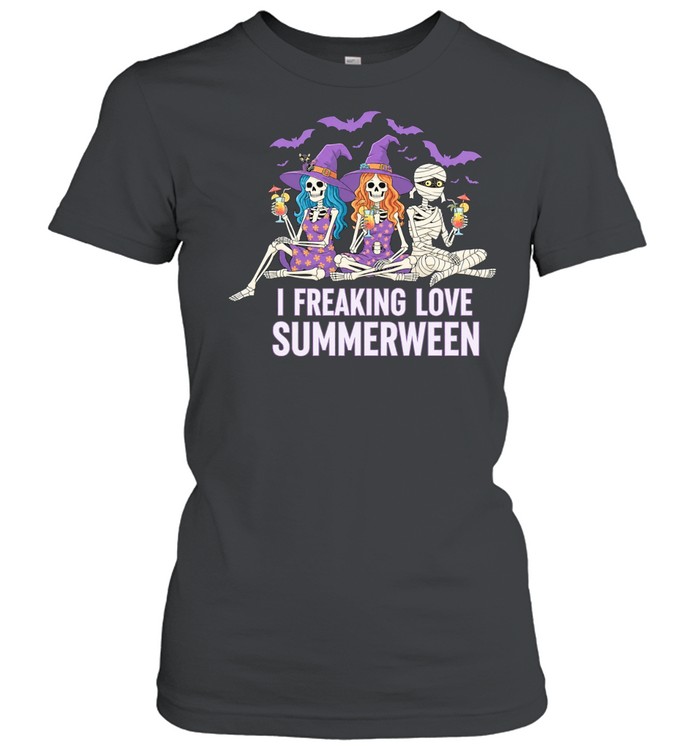 I Freaking Love Summerween Halloween Skeleton Witch Girls Cocktail Women T-Shirt