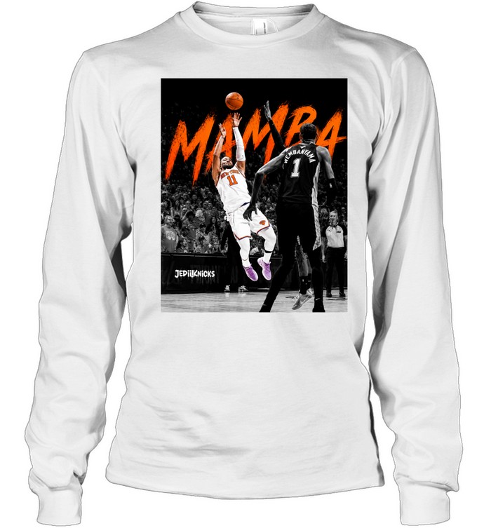 Jalen Brunson 11 Shooting Over San Antonio Spurs Victor Wembanyama 1 Mamba Orange Finals 2026 Long Sleeve Tee