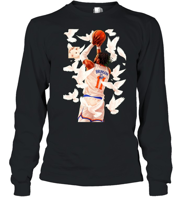 Jalen Brunson 11 White Doves Flying Background Graphic Painting Long Sleeve Tee