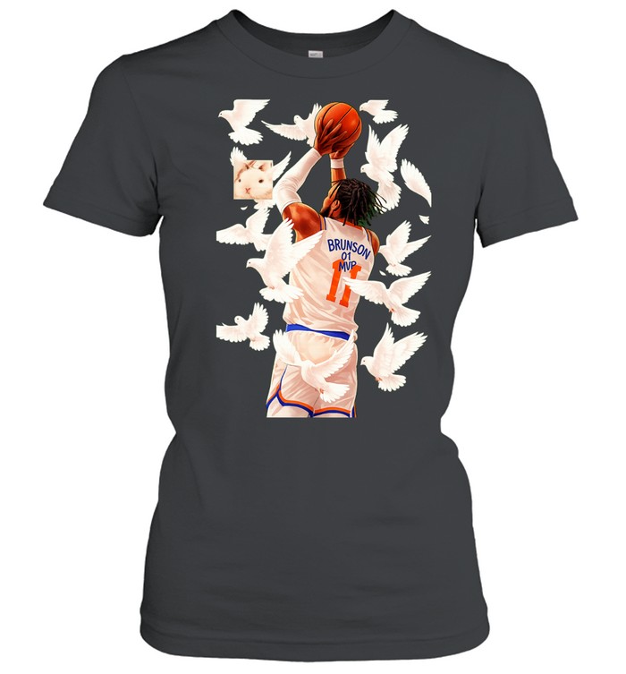 Jalen Brunson 11 White Doves Flying Background Graphic Painting Women T-Shirt