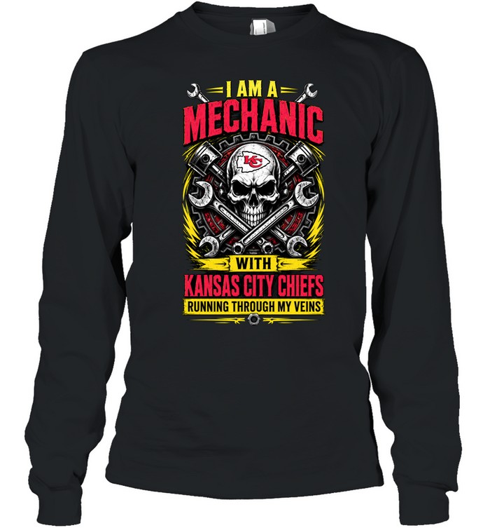 Kansas City Chiefs I Am A Mechanic Running Through My Veins Skeleton Long Sleeve Tee