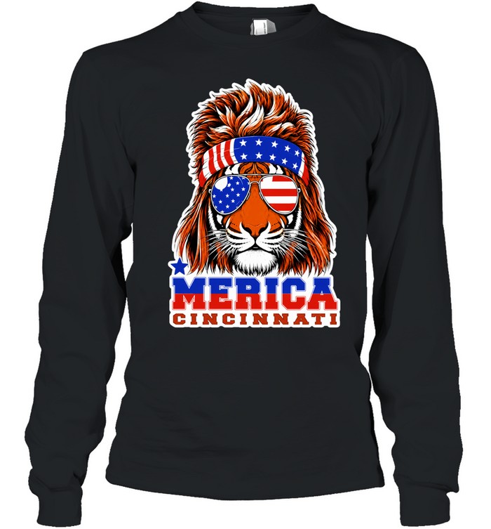 Merica Cincinnati Lion American Flag Sunglasses Patriotic Long Sleeve Tee