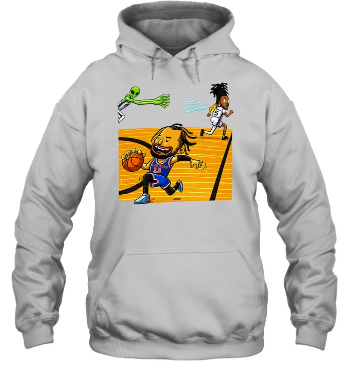 New York Knicks Jalen Brunson Dribbling Stepping Past San Antonio Spurs Stephon Castle Alien Victor Wembanyama Cartoon Graphic Finals 2026 Hoodie