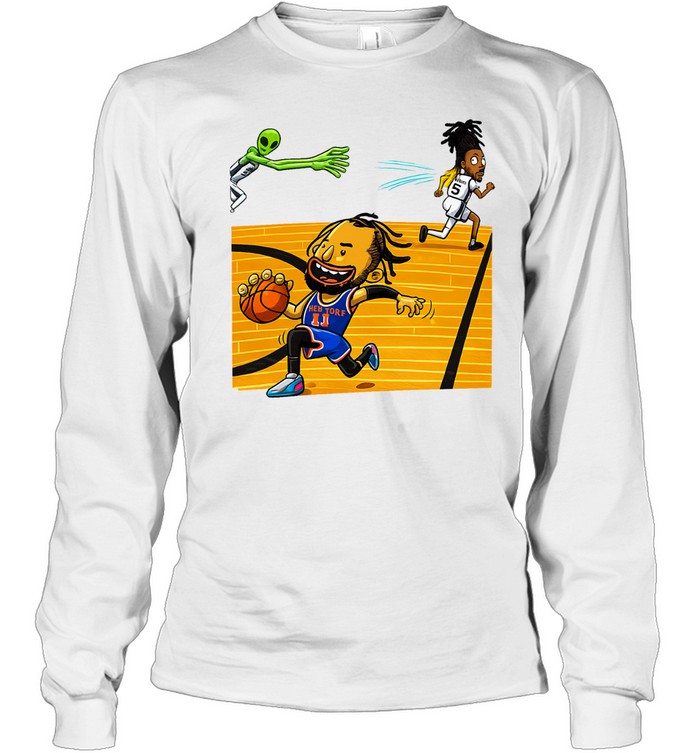 New York Knicks Jalen Brunson Dribbling Stepping Past San Antonio Spurs Stephon Castle Alien Victor Wembanyama Cartoon Graphic Finals 2026 Long Sleeve Tee