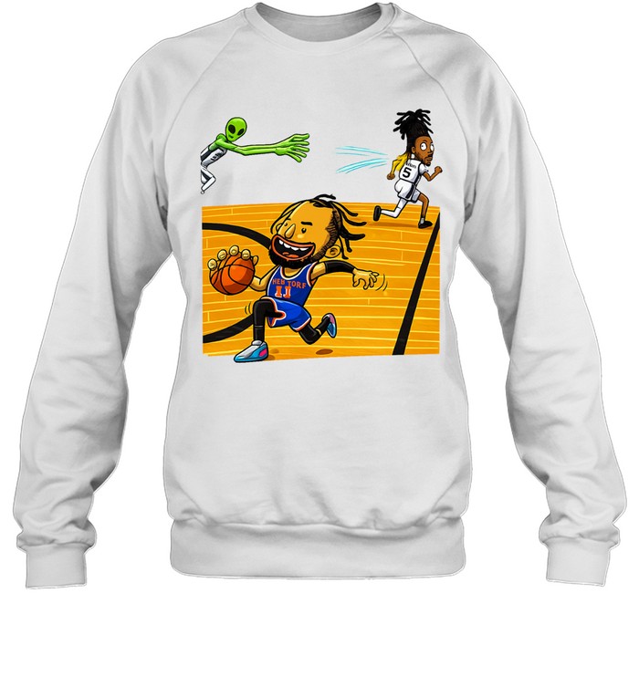 New York Knicks Jalen Brunson Dribbling Stepping Past San Antonio Spurs Stephon Castle Alien Victor Wembanyama Cartoon Graphic Finals 2026 Sweatshirt