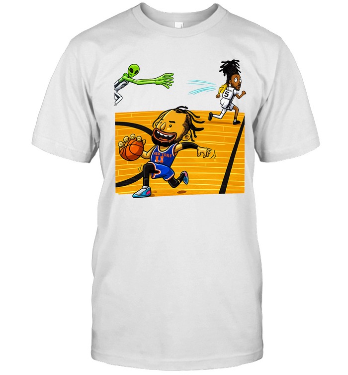 New York Knicks Jalen Brunson Dribbling Stepping Past San Antonio Spurs Stephon Castle Alien Victor Wembanyama Cartoon Graphic Finals 2026 Unisex T-Shirt