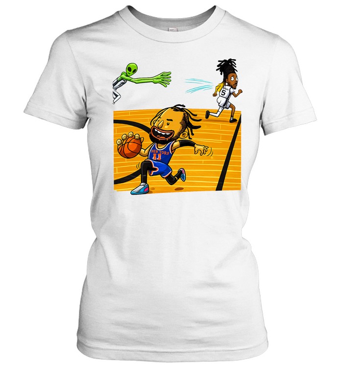 New York Knicks Jalen Brunson Dribbling Stepping Past San Antonio Spurs Stephon Castle Alien Victor Wembanyama Cartoon Graphic Finals 2026 Women T-Shirt