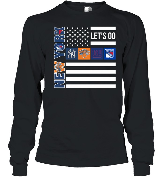 New York Sport Teams Yankees Knicks Giants Rangers American Flag Long Sleeve Tee