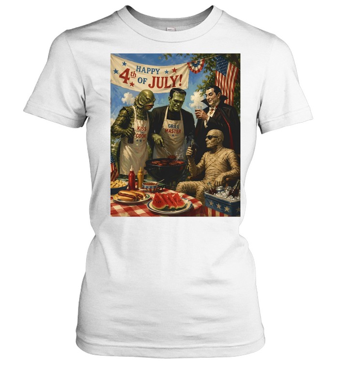 Universal Monsters Happy 4th of July Kiss the Cook Grill Women T-Shirt
