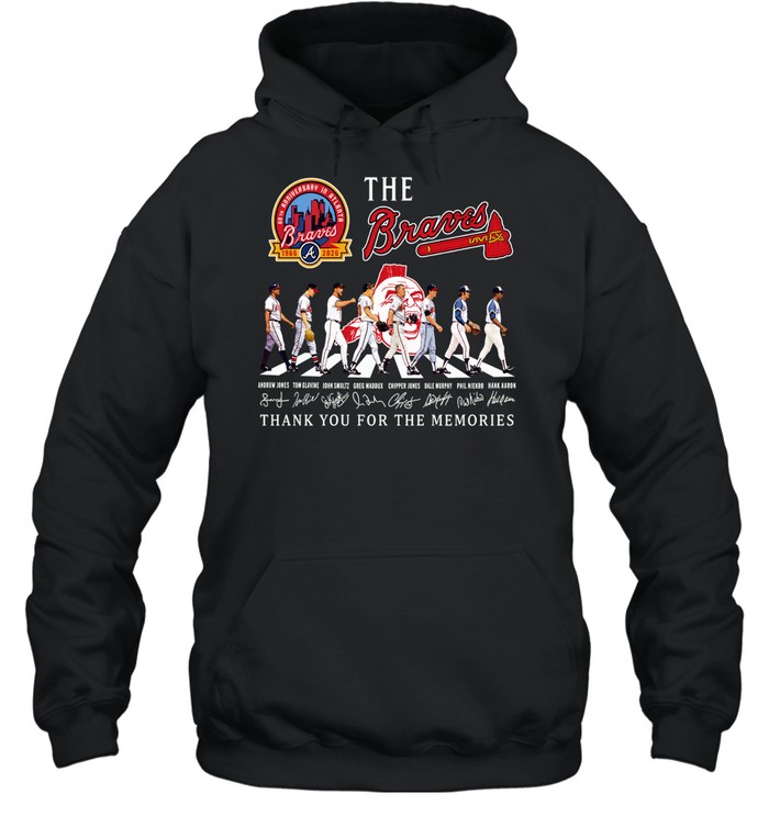 60th Anniversary In Atlanta Andrew Jones Tom Glavine John Smoltz Greg Maddux Chipper Jones Dale Murphy Phil Niekro Hank Aaron Thank You For The Memories Braves Hoodie