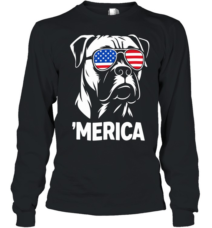 American Bulldog wearing United States flag sunglasses ‘Merica Long Sleeve Tee