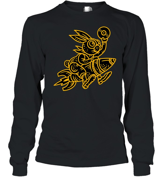 Golden Rabbit Riding a Rocket Holding a Record Vinyl Music Space Long Sleeve Tee