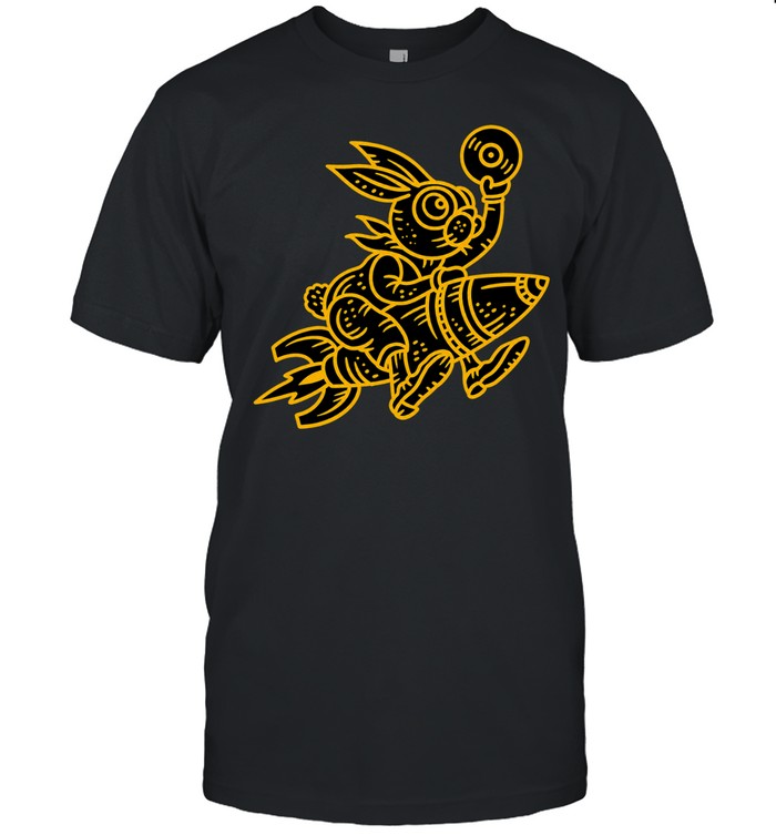 Golden Rabbit Riding a Rocket Holding a Record Vinyl Music Space Unisex T-Shirt