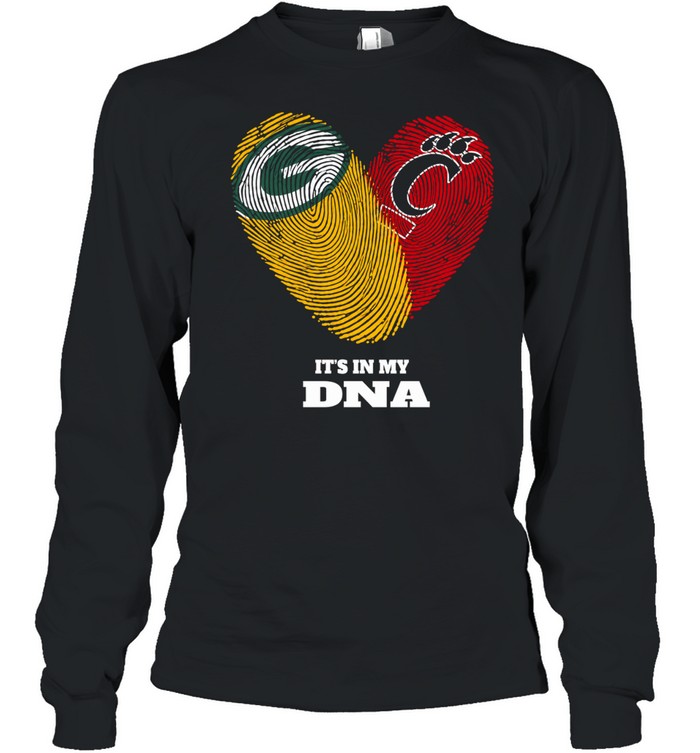 Green Bay Packers and Cincinnati Bearcats It’s in My DNA Fingerprints Heart Love Fans Long Sleeve Tee
