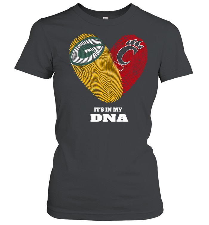 Green Bay Packers and Cincinnati Bearcats It’s in My DNA Fingerprints Heart Love Fans Women T-Shirt