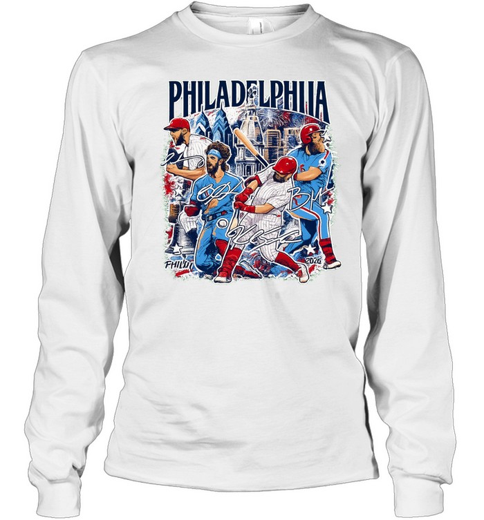 Philadelphia Phillies Stars Trea Turner Bryce Harper Kyle Schwarber on Marsh Baseball All Star 2026 Signature Long Sleeve Tee