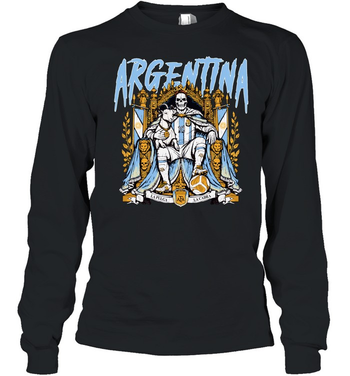 Skeleton King Holding Goat Sitting on Throne Argentina Long Sleeve Tee