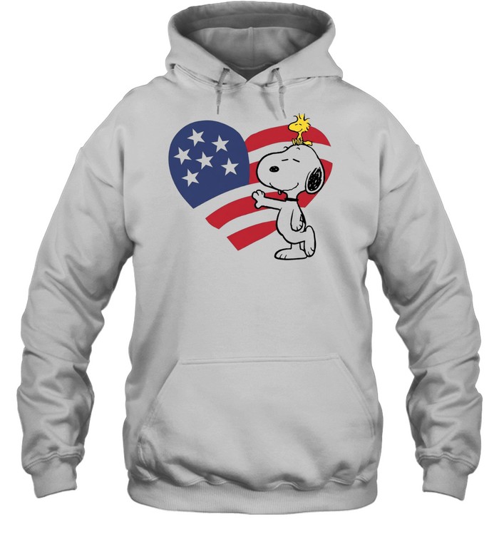 Snoopy and Woodstock Hugging American Flag Heart Hoodie