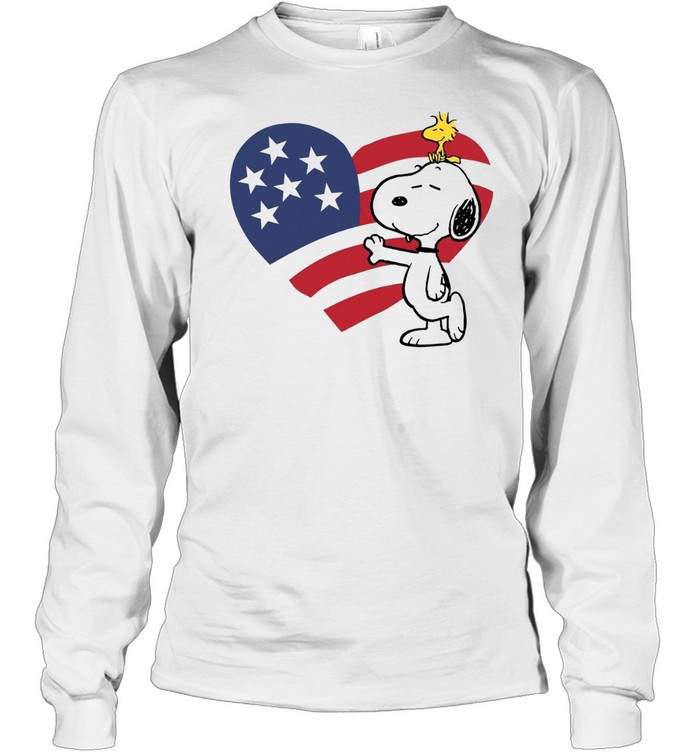 Snoopy and Woodstock Hugging American Flag Heart Long Sleeve Tee