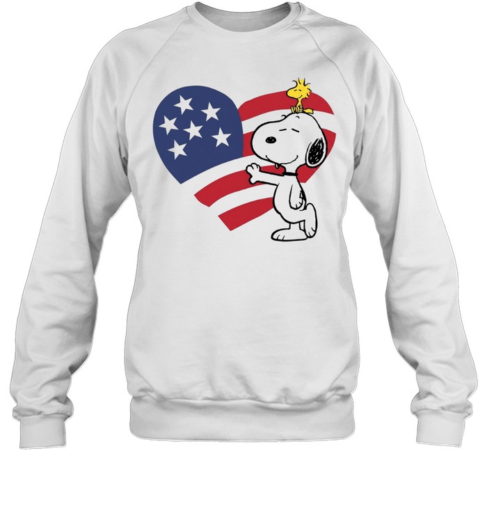 Snoopy and Woodstock Hugging American Flag Heart Sweatshirt