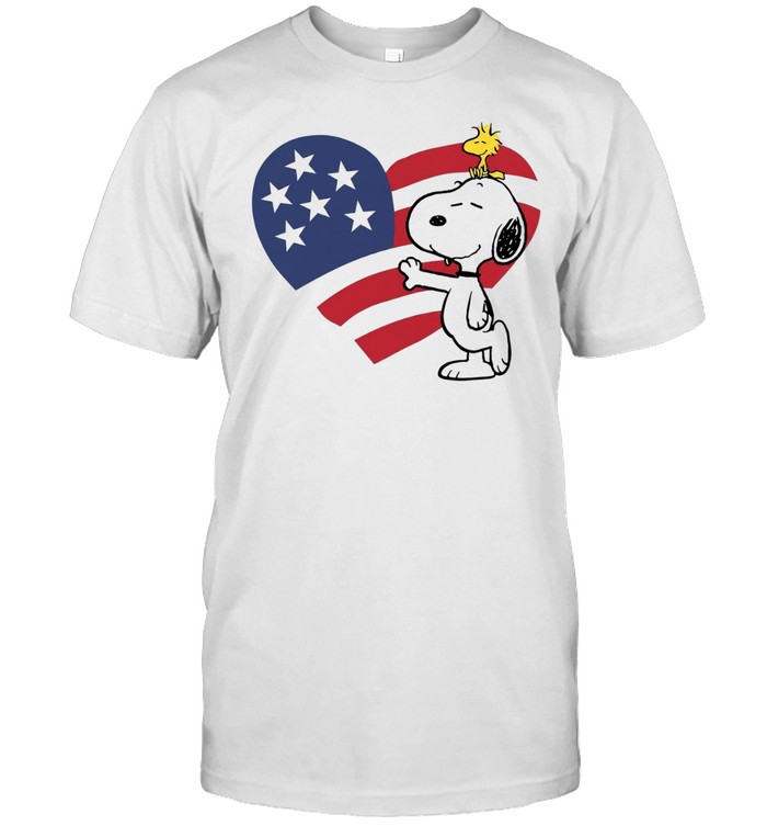 Snoopy and Woodstock Hugging American Flag Heart Unisex T-Shirt