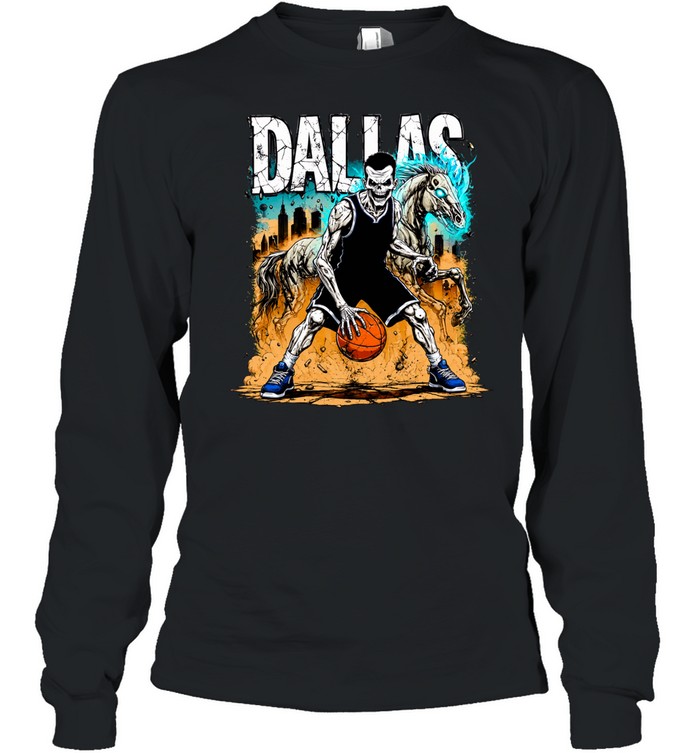 Undead Basketball Player Dribbling DALLAS Skeleton Horse Long Sleeve Tee